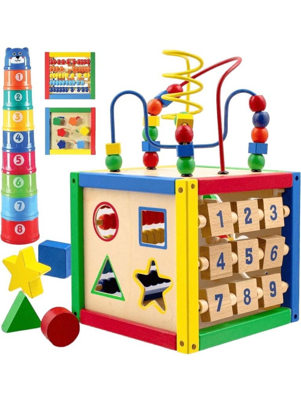 New Wooden Activity Cube for Baby - 6-in-1 Learning Toy, 8 Stacking Cups